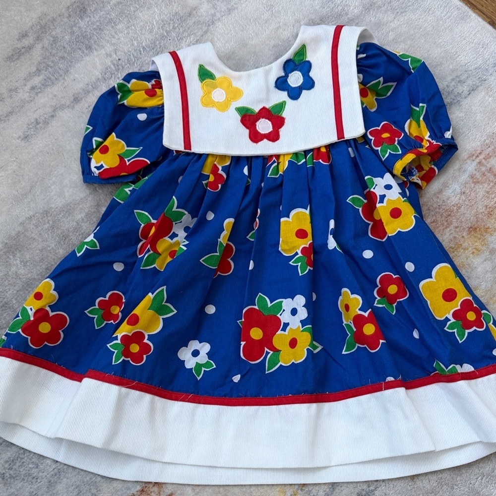 (257)Vintage Lightning Bug Floral Dress | 80s/90s Girls Retro Appliqué